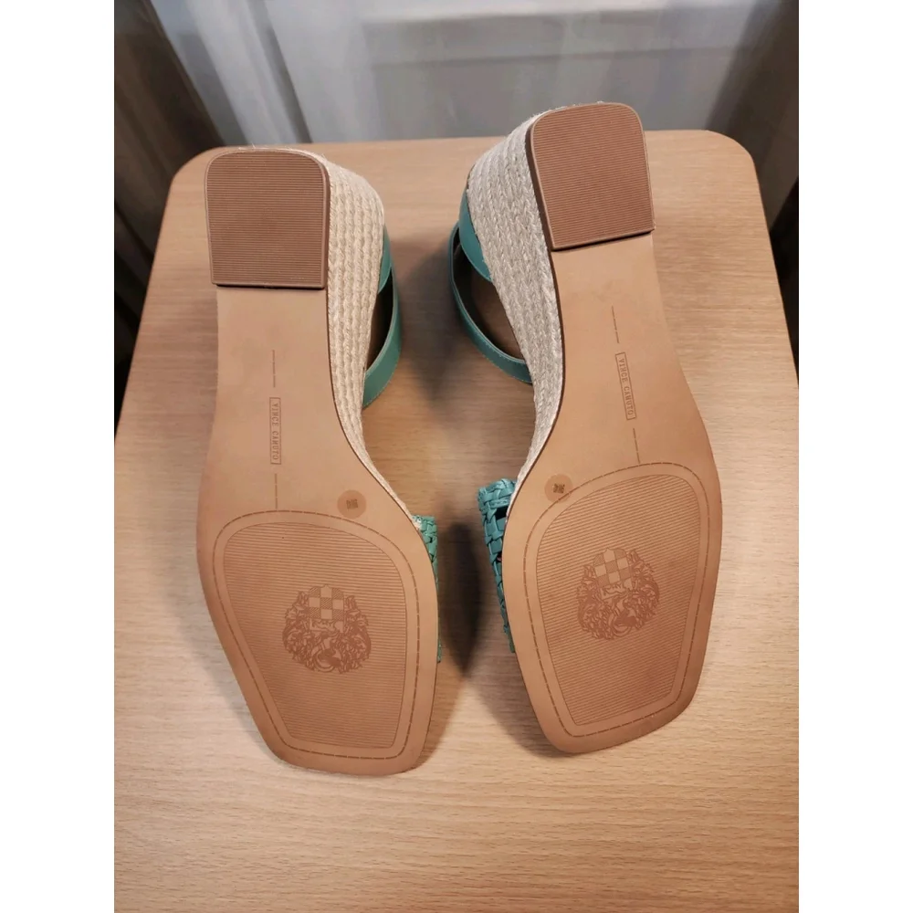 Vince Camuto OCEANA GREEN Leather Net Low Ankle Strap Espadrille Wedge SZ 9 Wide